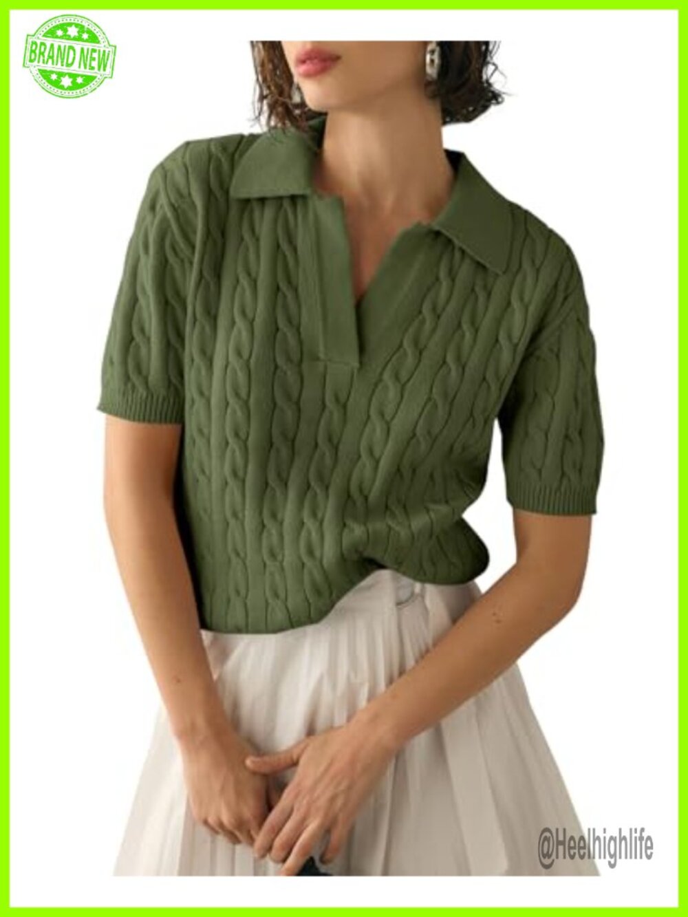 Womens Cable Knit Short Sleeve Sweater V Neck Lapel Collar Pullover Top